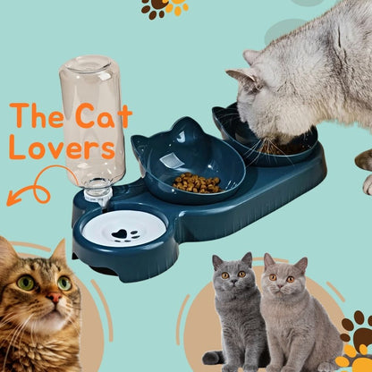 3-in-1 Tilted Cat Bowl with Water Feeder